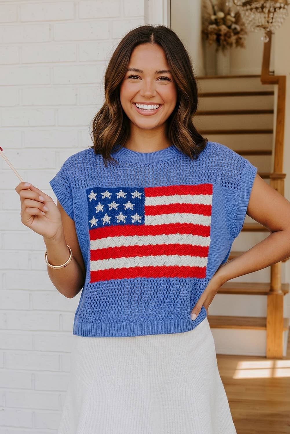 Flag Graphic Short Sleeve Sweater Top