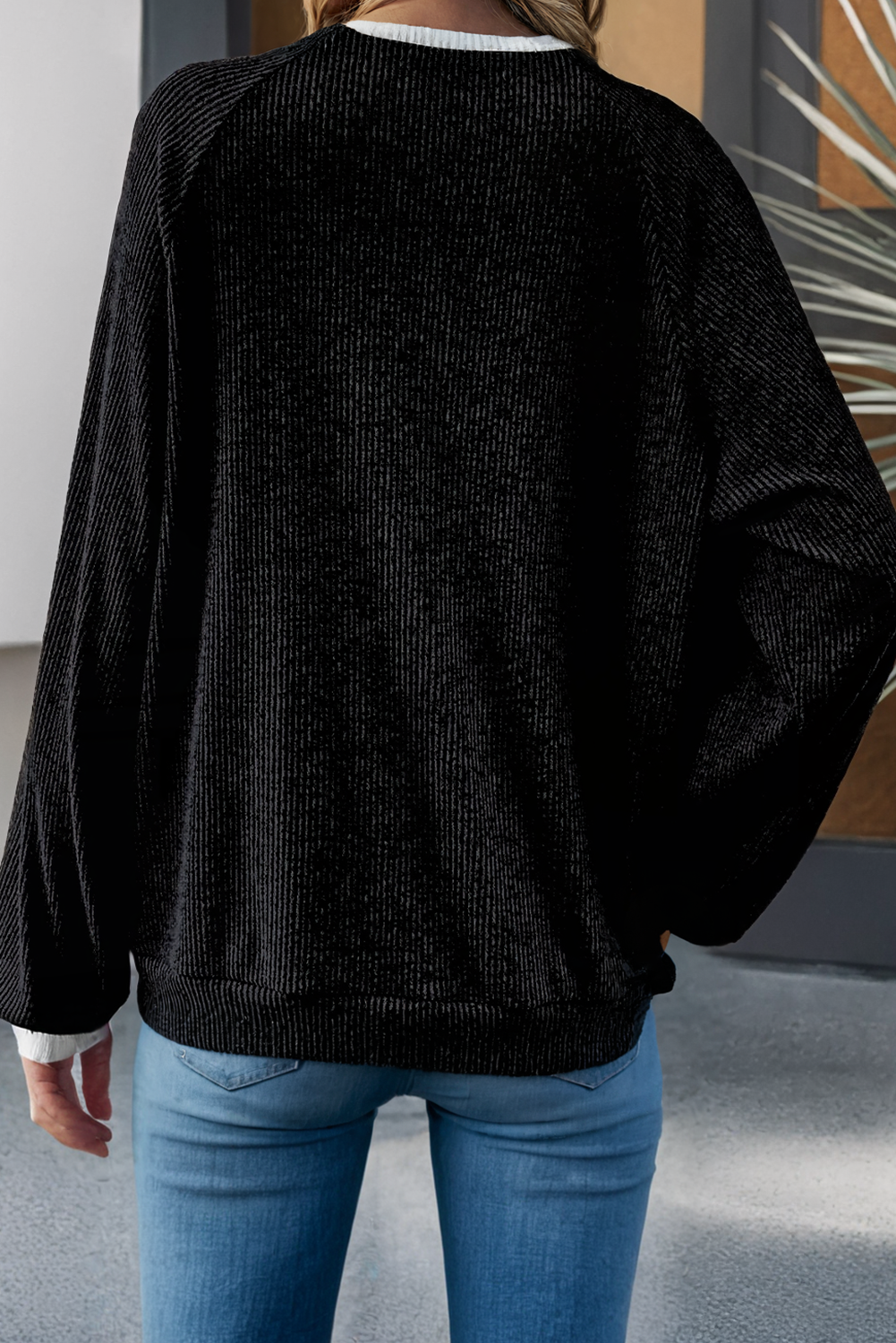 LDC Color Contrast Ribbed Loose Fit Sweatshirt