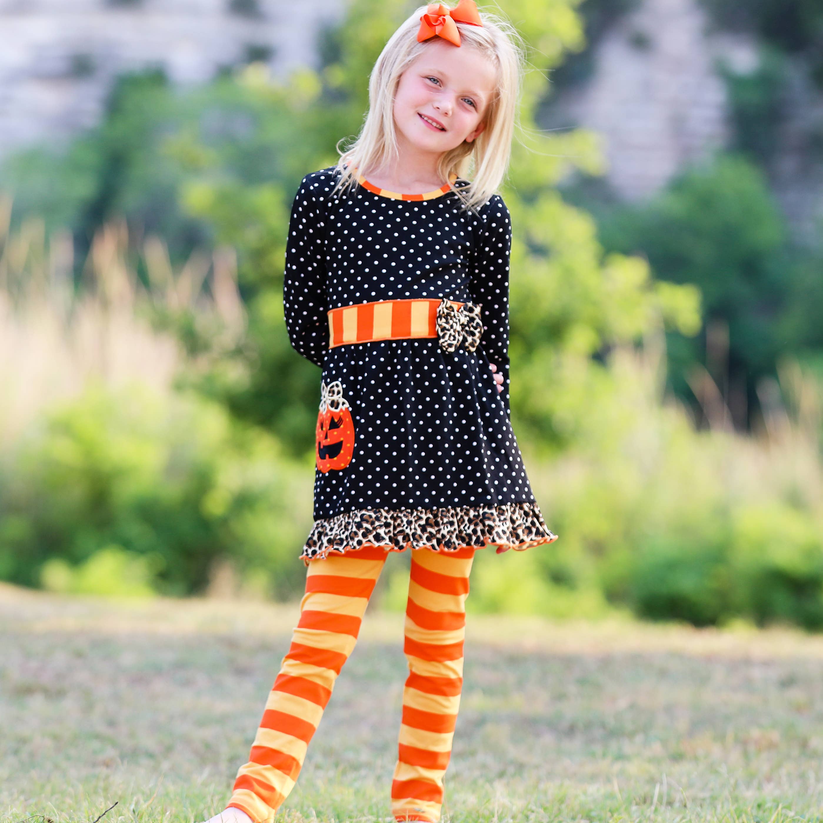 Girls Halloween Outfit Orange Pumpkin Polka Dot Dress Set: 4-5T