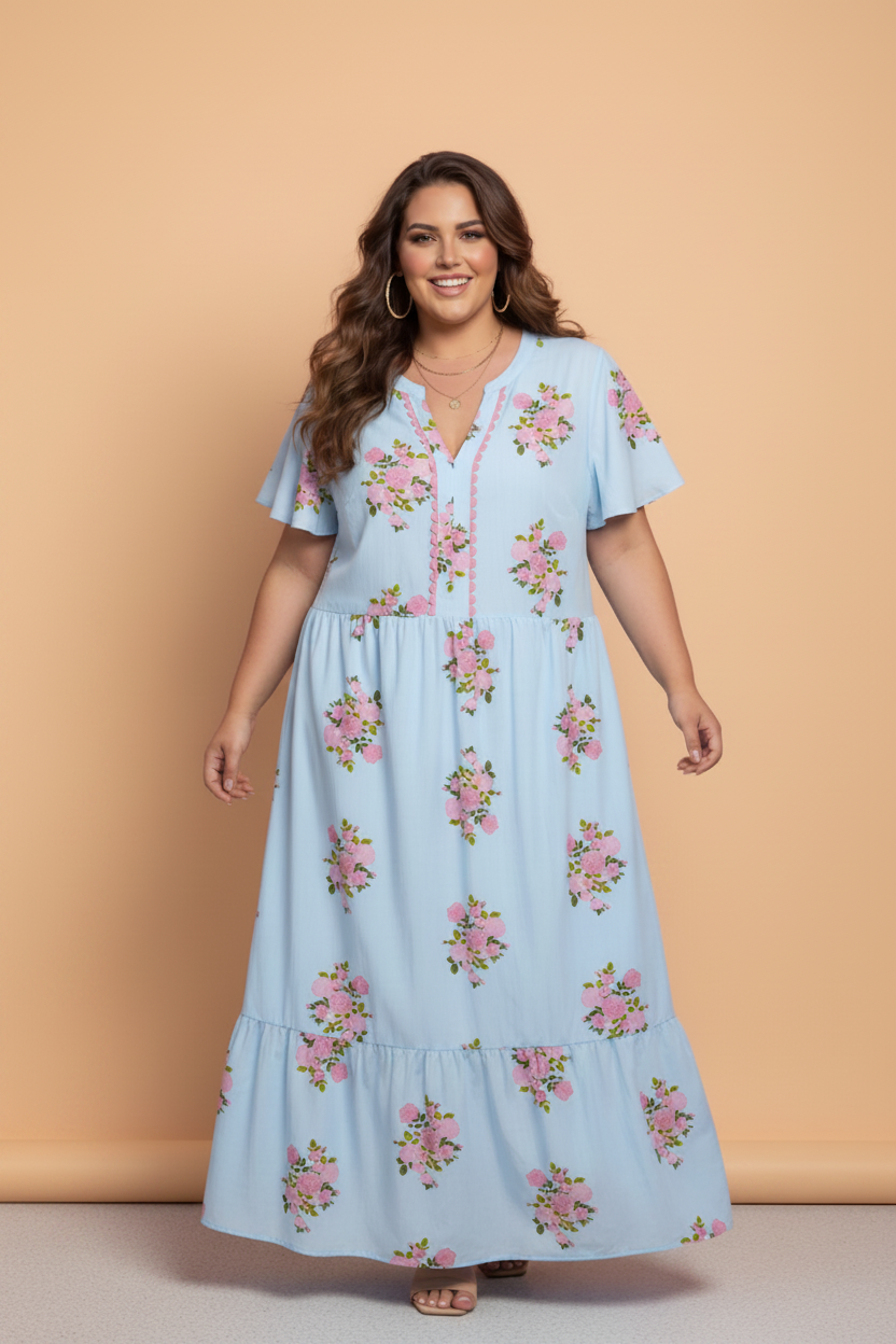 Plus Size Floral Scalloped Trim Maxi Dress