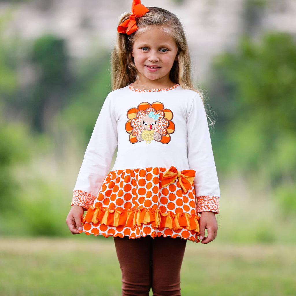 Girls Orange Thanksgiving Turkey Tunic & Leggings Clothing: 2-3T
