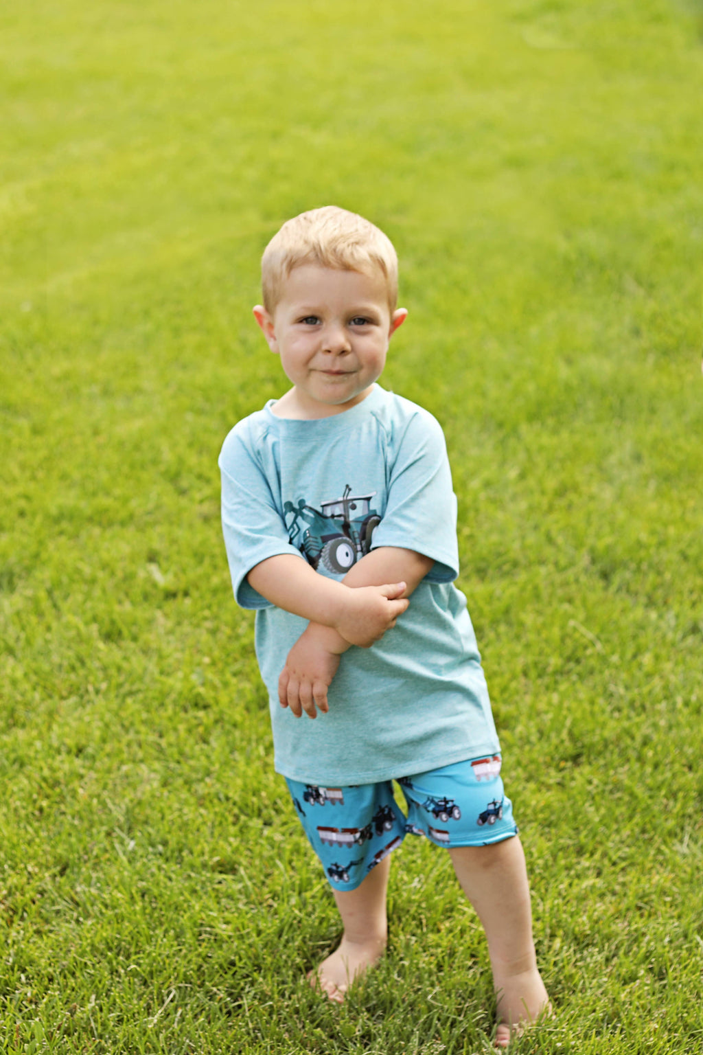 Boys Nile Blue Heather Crewneck Tee & Tractor Pocket Shorts