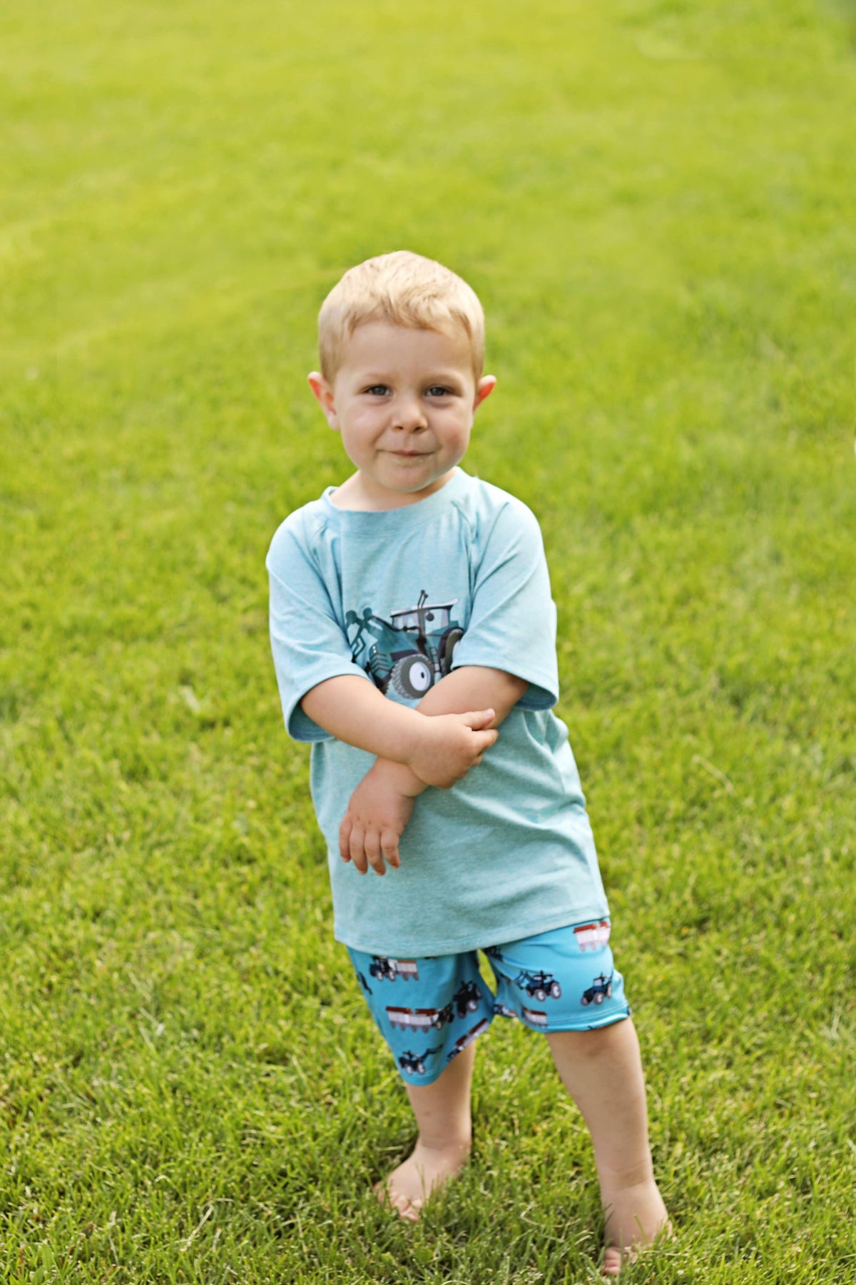 Boys Nile Blue Heather Crewneck Tee & Tractor Pocket Shorts