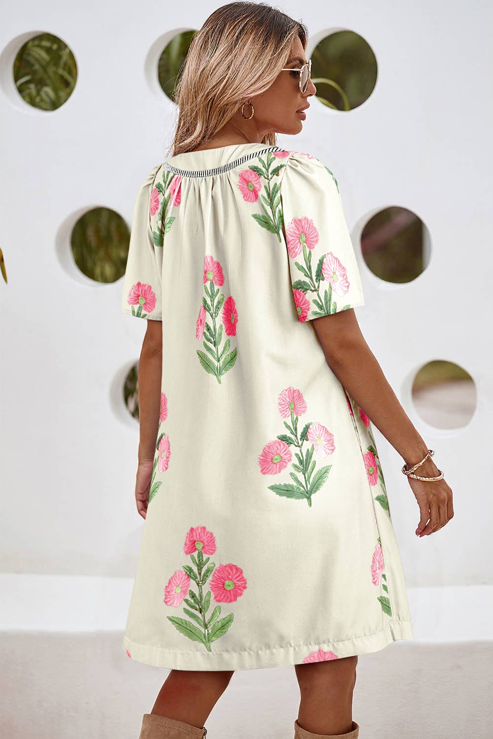 Floral Short Sleeve Split Neck Mini Dress