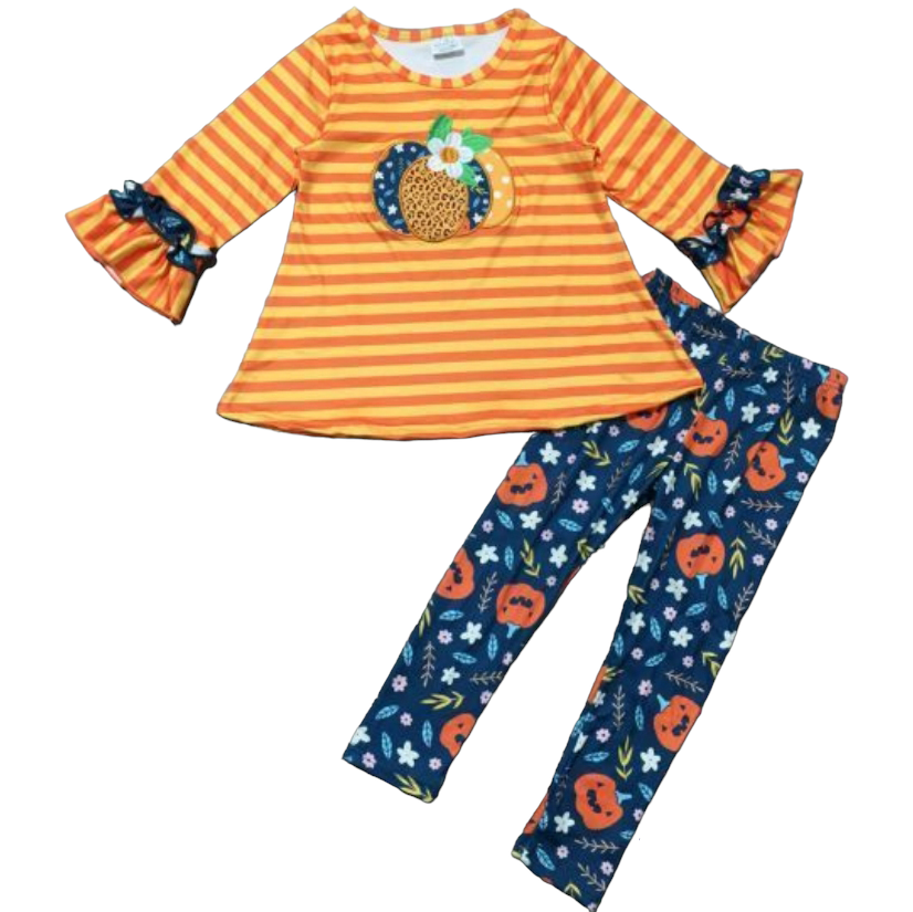 Girls Orange Fall Pumpkin 2pc Outfit Thanksgiving Clothes: 6/6X