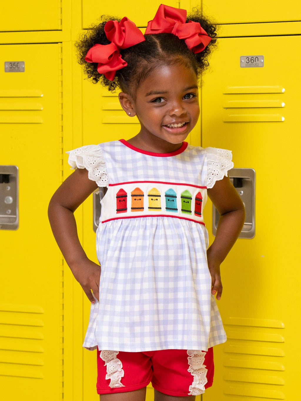 Bright Crayons Embroidered Gingham Ruffle Outfit