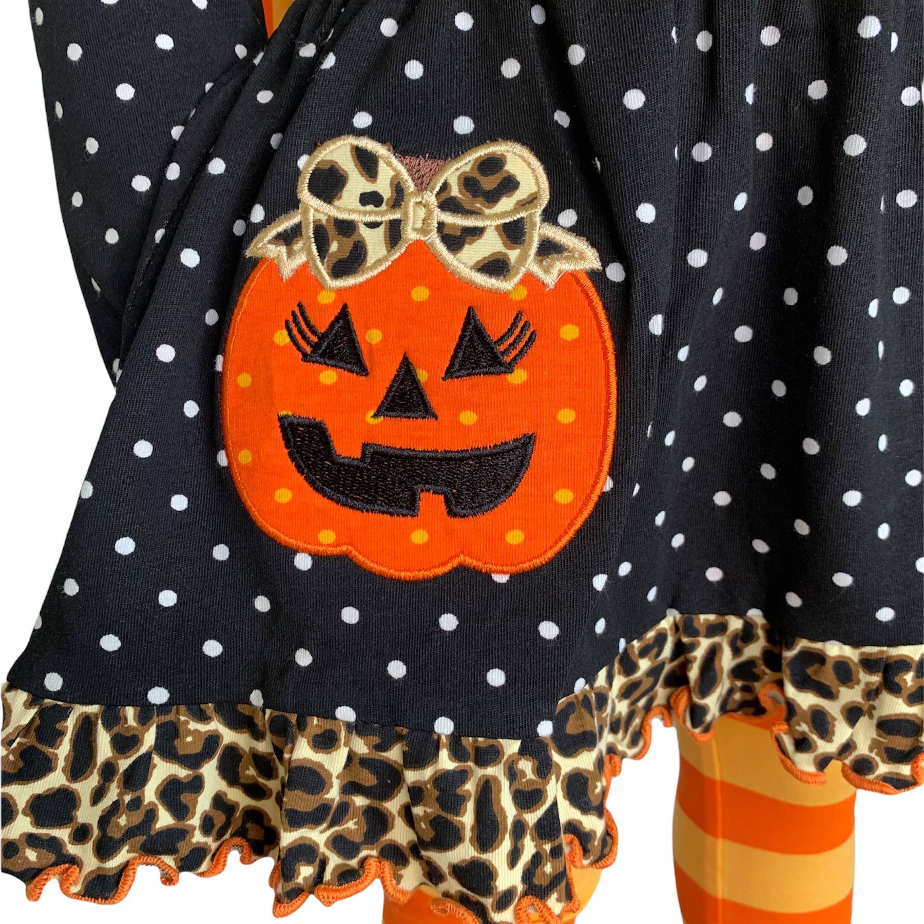 Girls Halloween Outfit Orange Pumpkin Polka Dot Dress Set: 4-5T