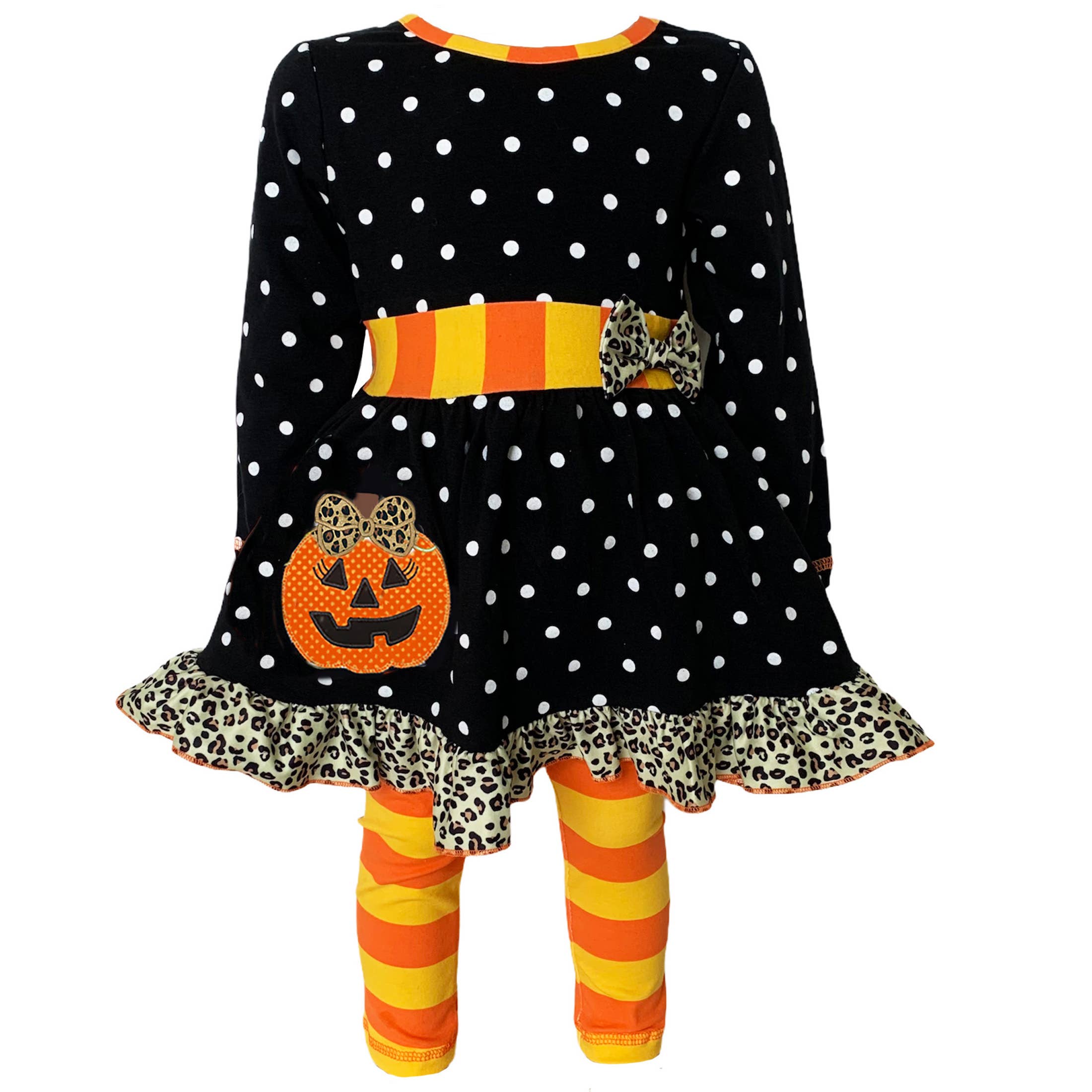 Girls Halloween Outfit Orange Pumpkin Polka Dot Dress Set: 2-3T