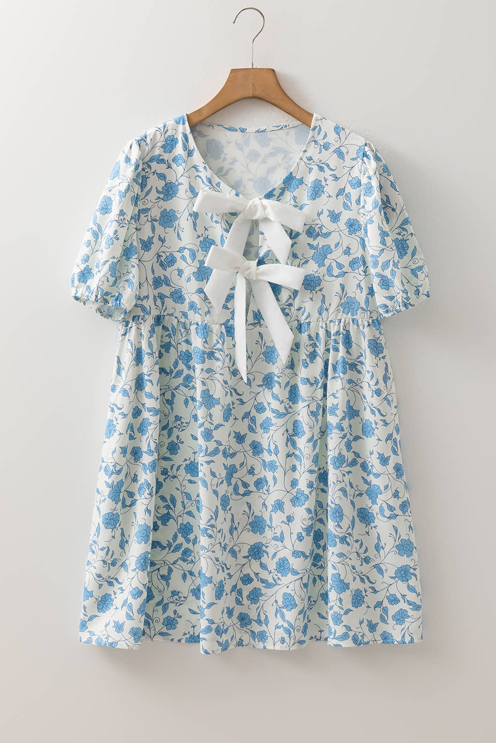 Floral Contrast Bow Puff Sleeve Mini Dress
