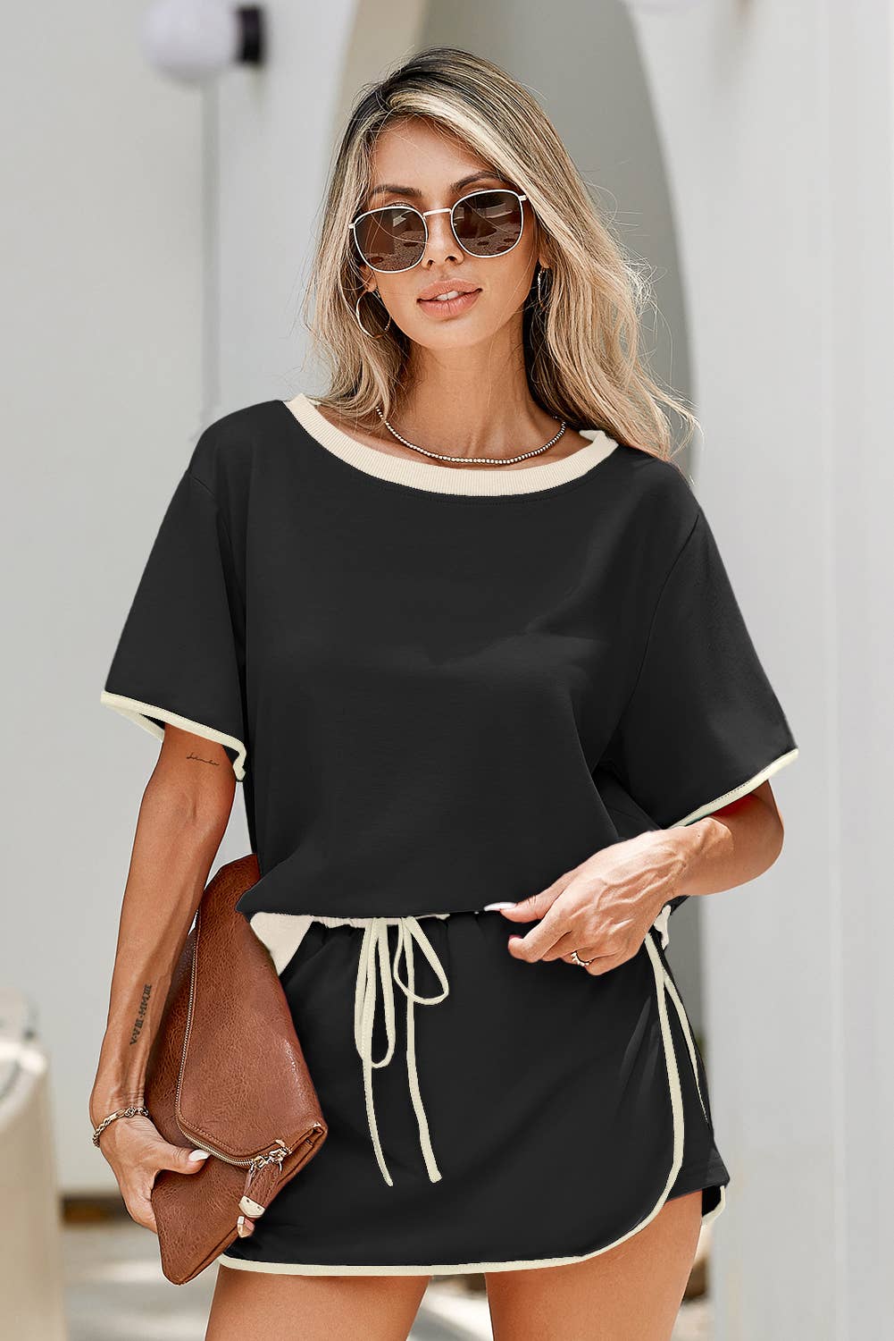 LDC Colorblock Edge Drop Shoulder T Shirt and Skirt 2Pcs Set