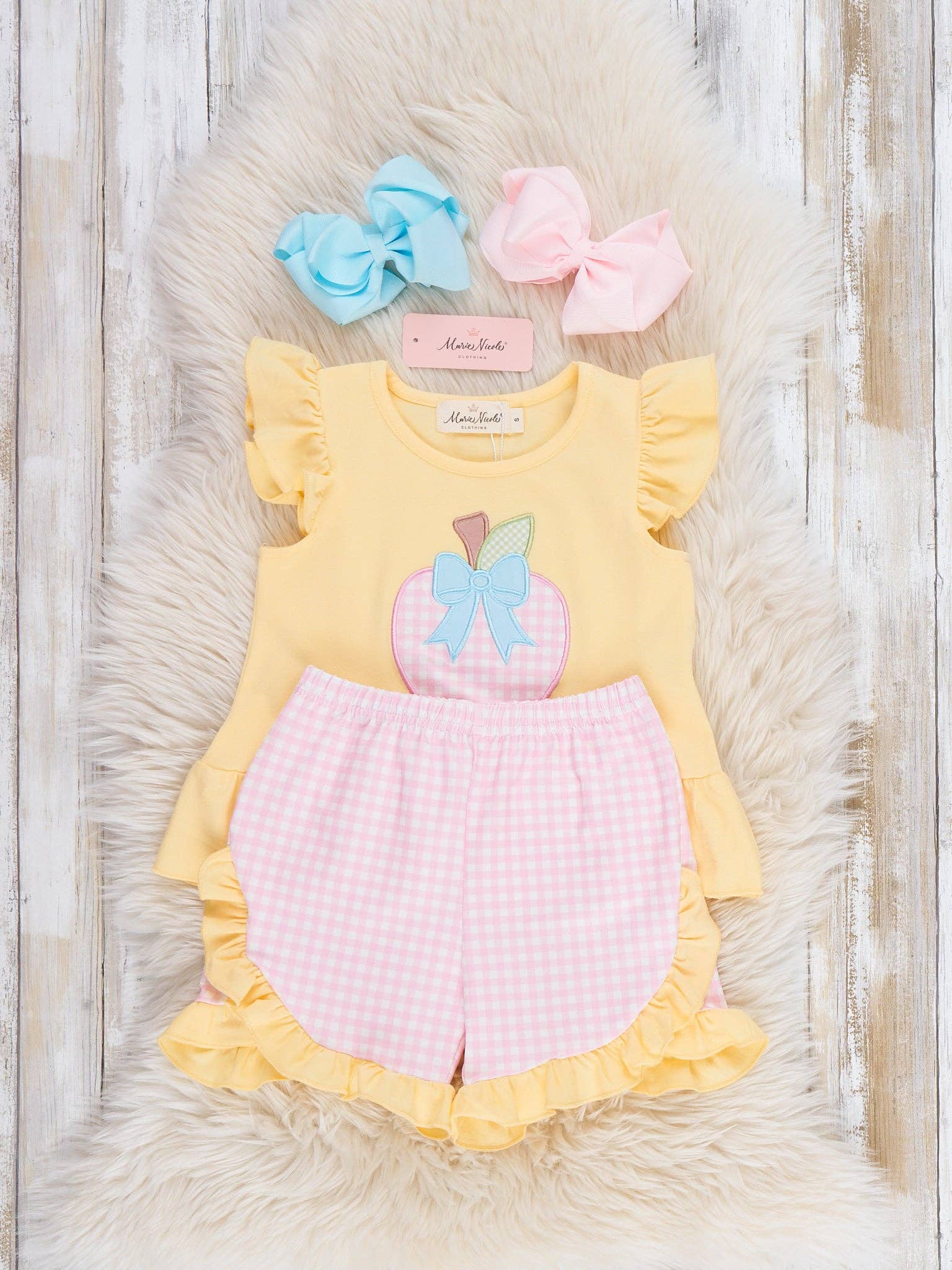 Apple Bow Gingham Embroidered Ruffle Outfit