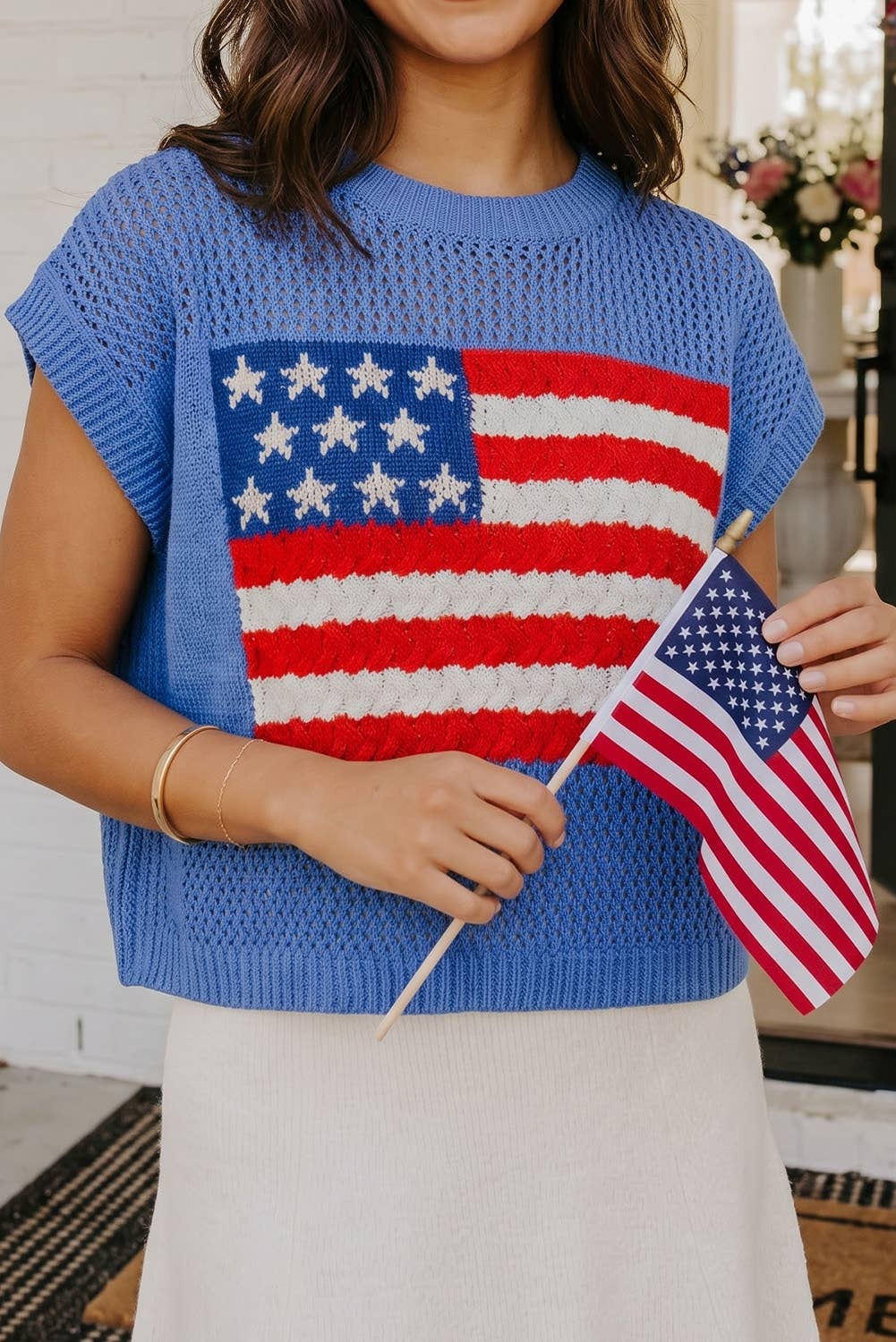Flag Graphic Short Sleeve Sweater Top