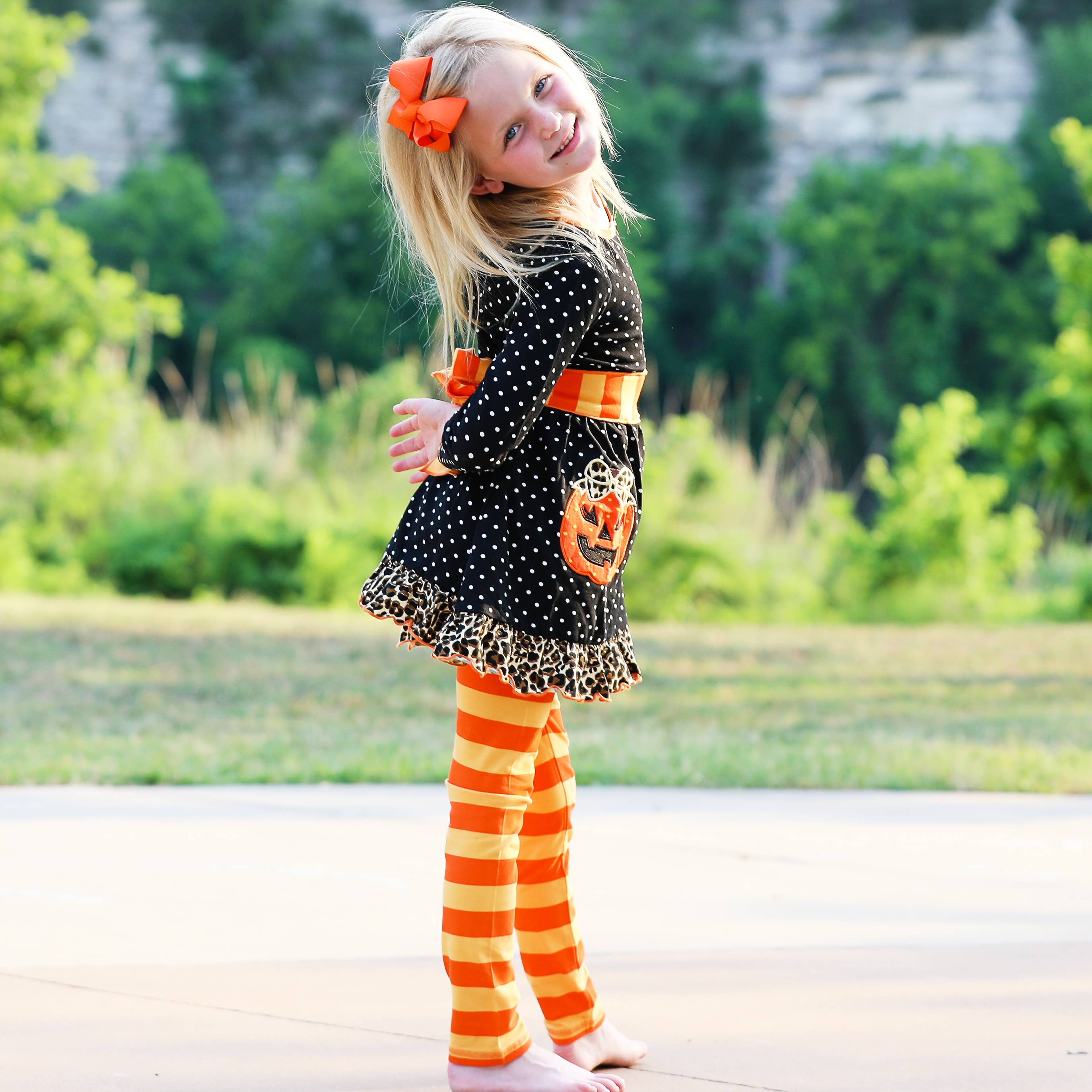 Girls Halloween Outfit Orange Pumpkin Polka Dot Dress Set: 2-3T