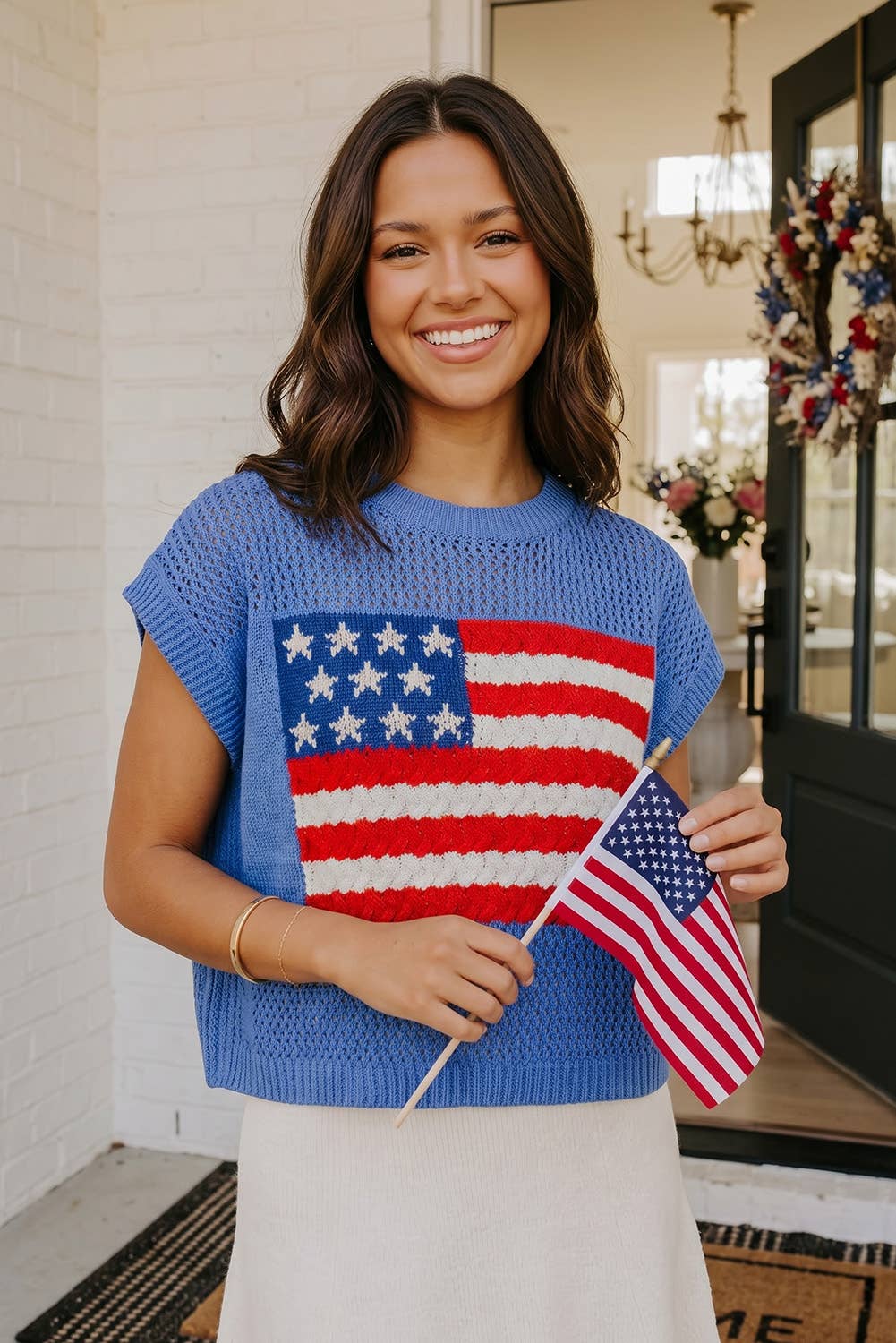 Flag Graphic Short Sleeve Sweater Top