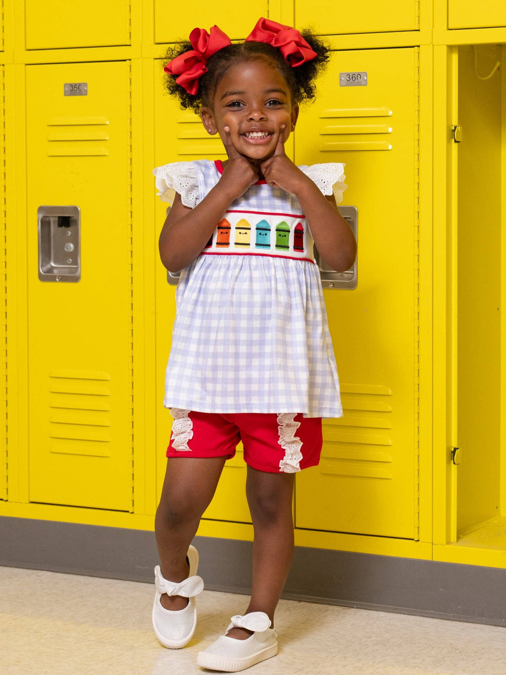 Bright Crayons Embroidered Gingham Ruffle Outfit