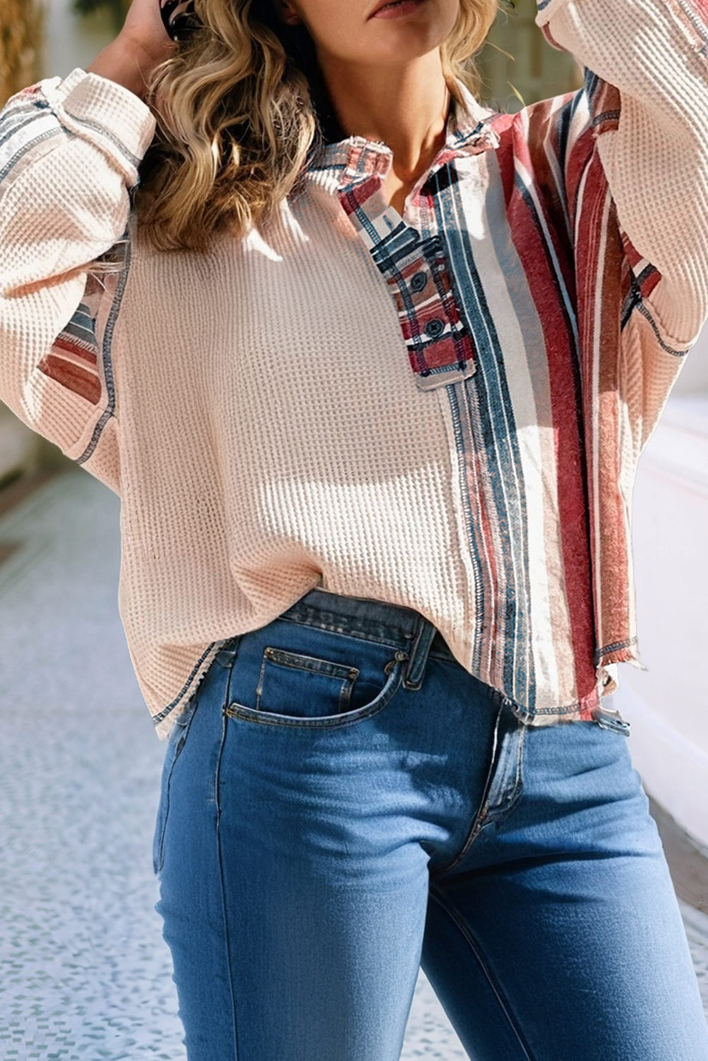 LDC Waffle Patchwork Exposed Seam Raw Edge Casual Knit Top