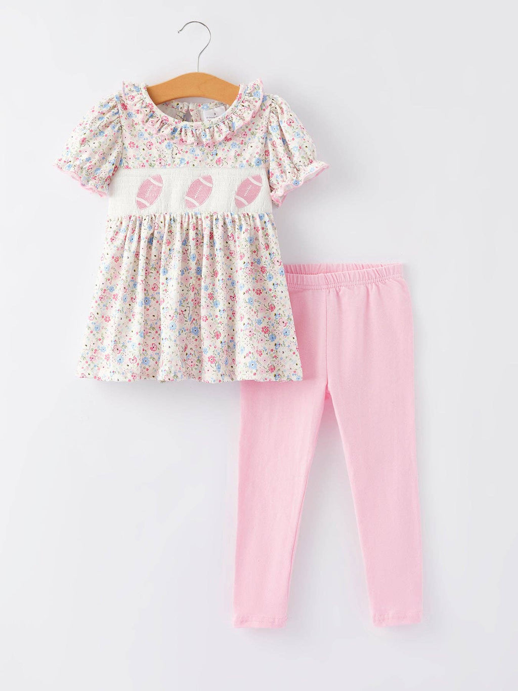 Football Smocking Embroidered Girls Outfit Set: 3