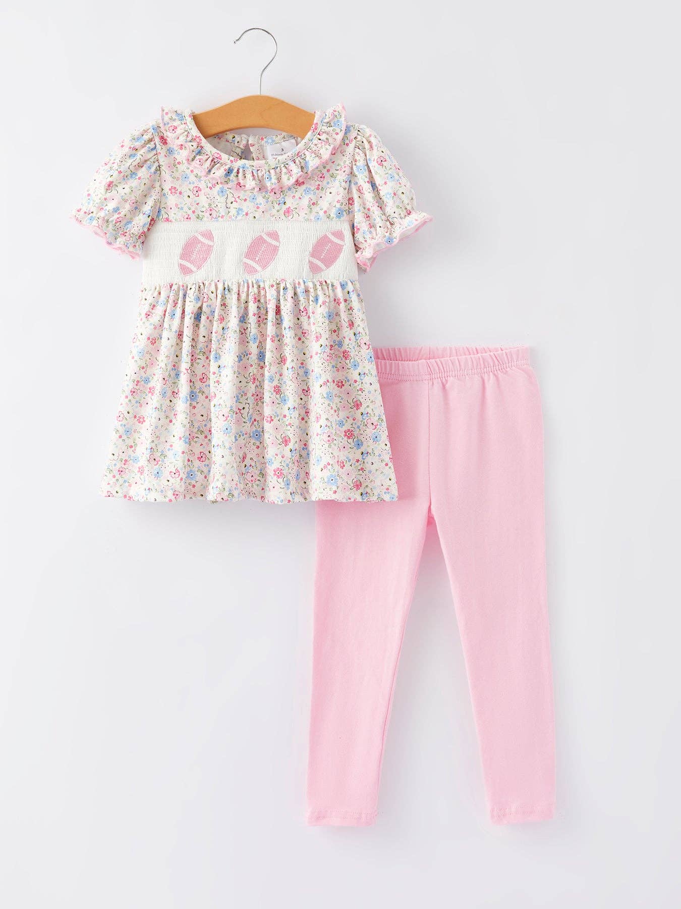 Football Smocking Embroidered Girls Outfit Set: 2