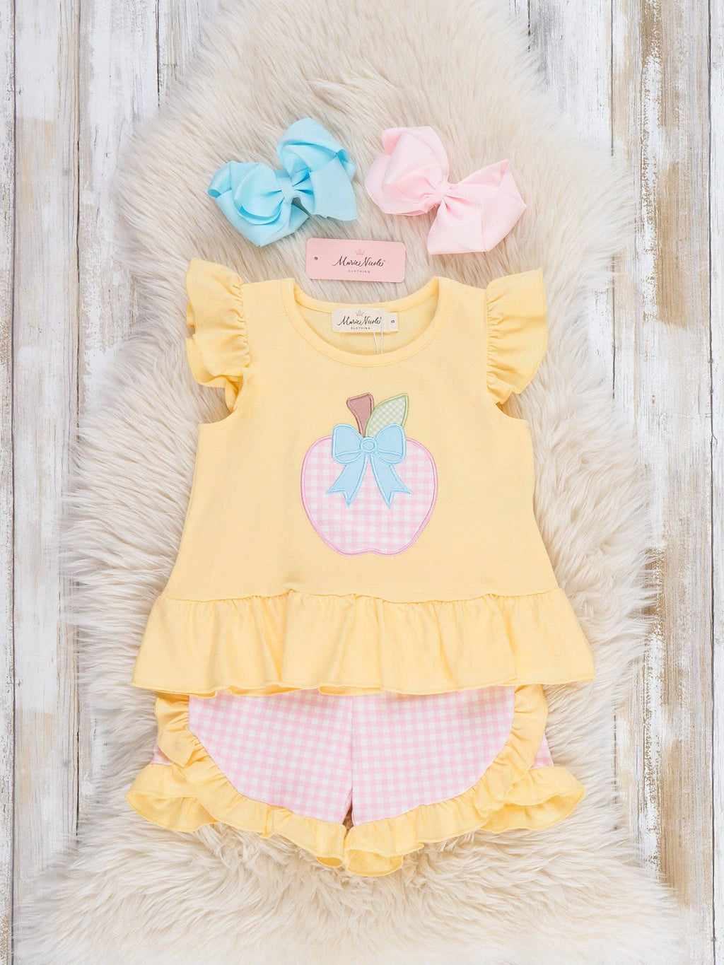 Apple Bow Gingham Embroidered Ruffle Outfit