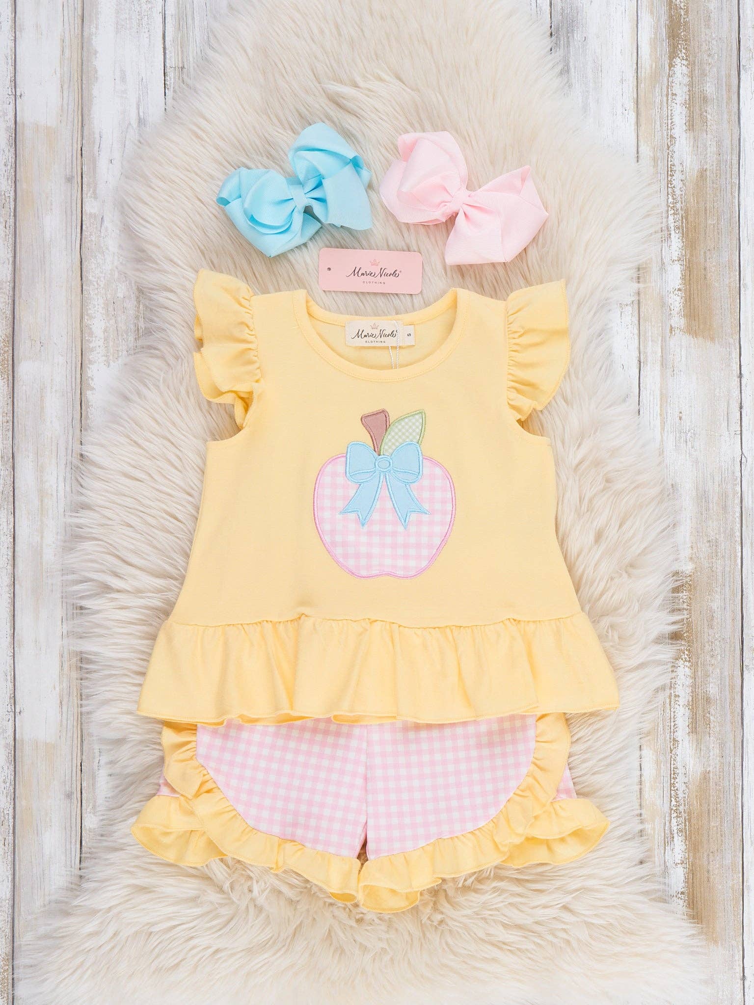 Apple Bow Gingham Embroidered Ruffle Outfit