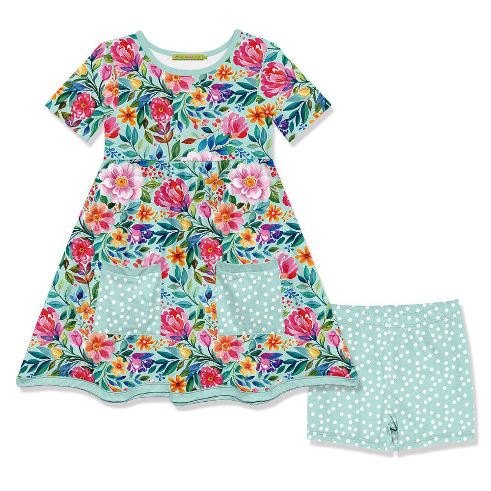 Kids Mint Becky Floral Pocket A-Line Dress & Dot Shorts