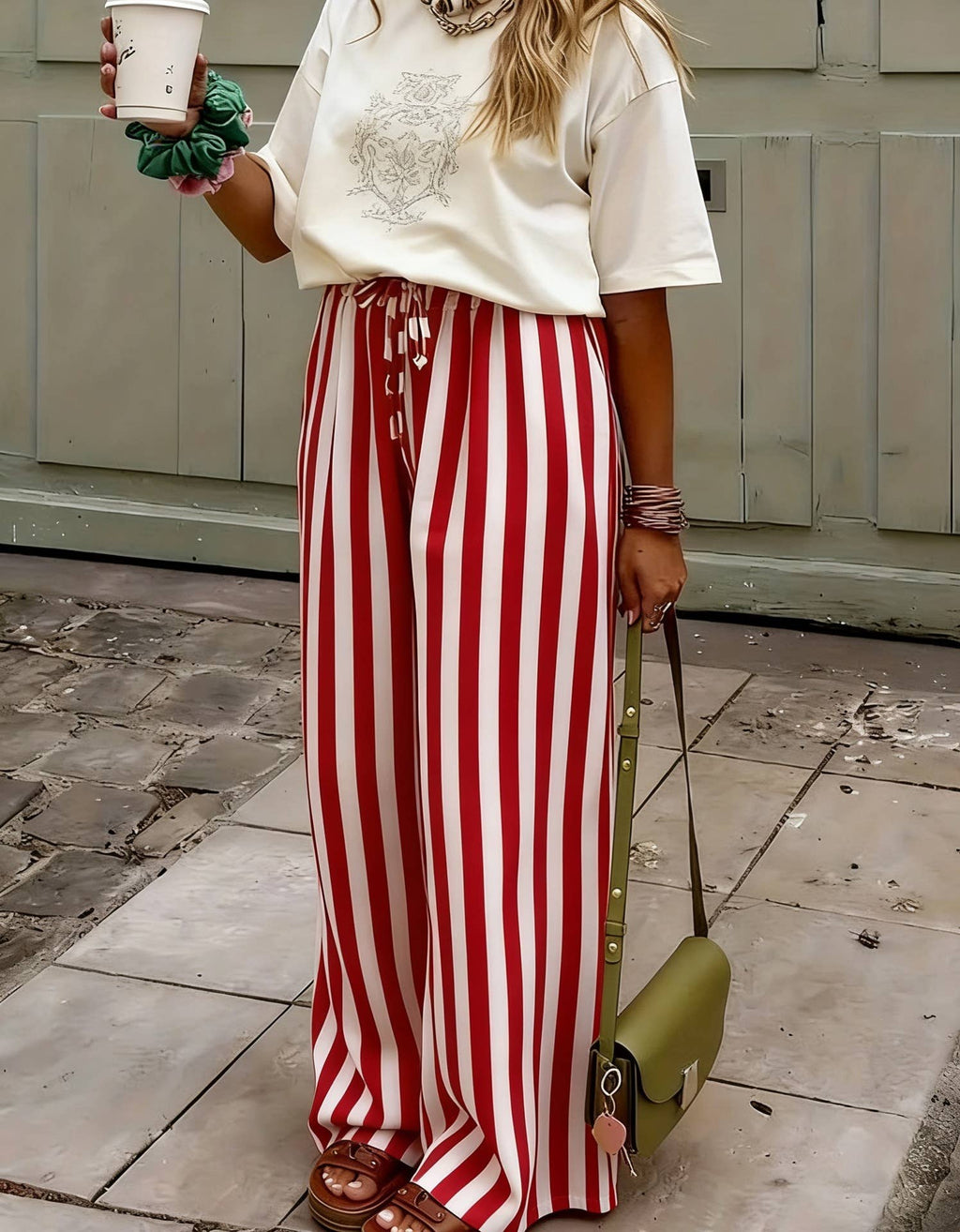 Multi Color Boho Beach Vertical Stripe Lace-Up Pants