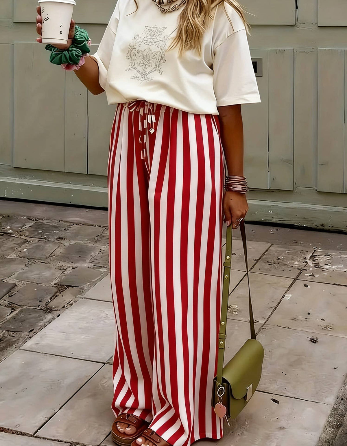 Multi Color Boho Beach Vertical Stripe Lace-Up Pants