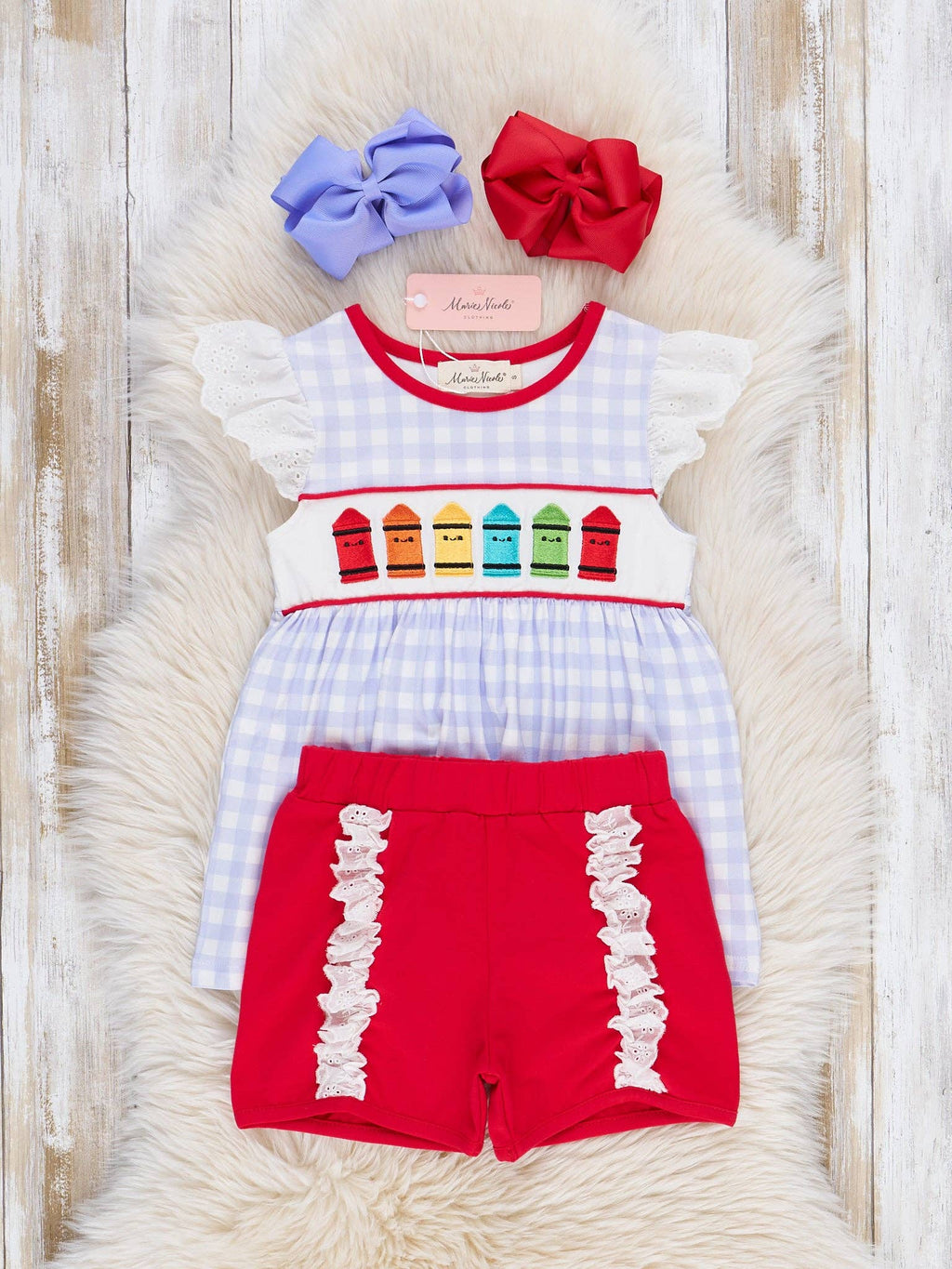 Bright Crayons Embroidered Gingham Ruffle Outfit