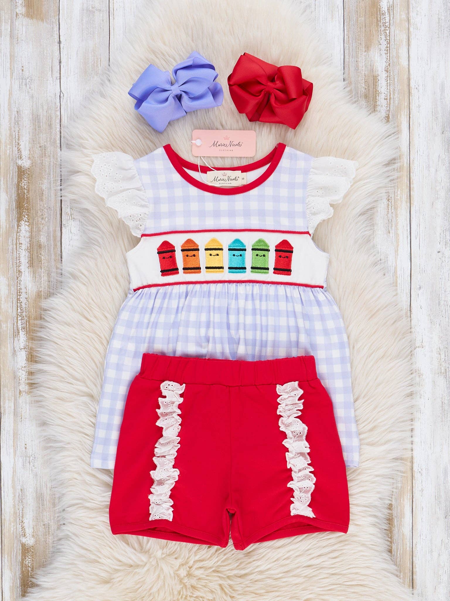 Bright Crayons Embroidered Gingham Ruffle Outfit