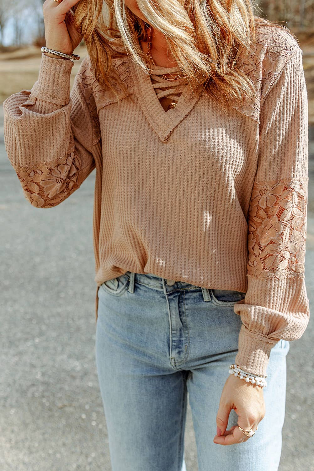 LDC Lace Waffle Patchwork Strappy V Neck Long Sleeve Top