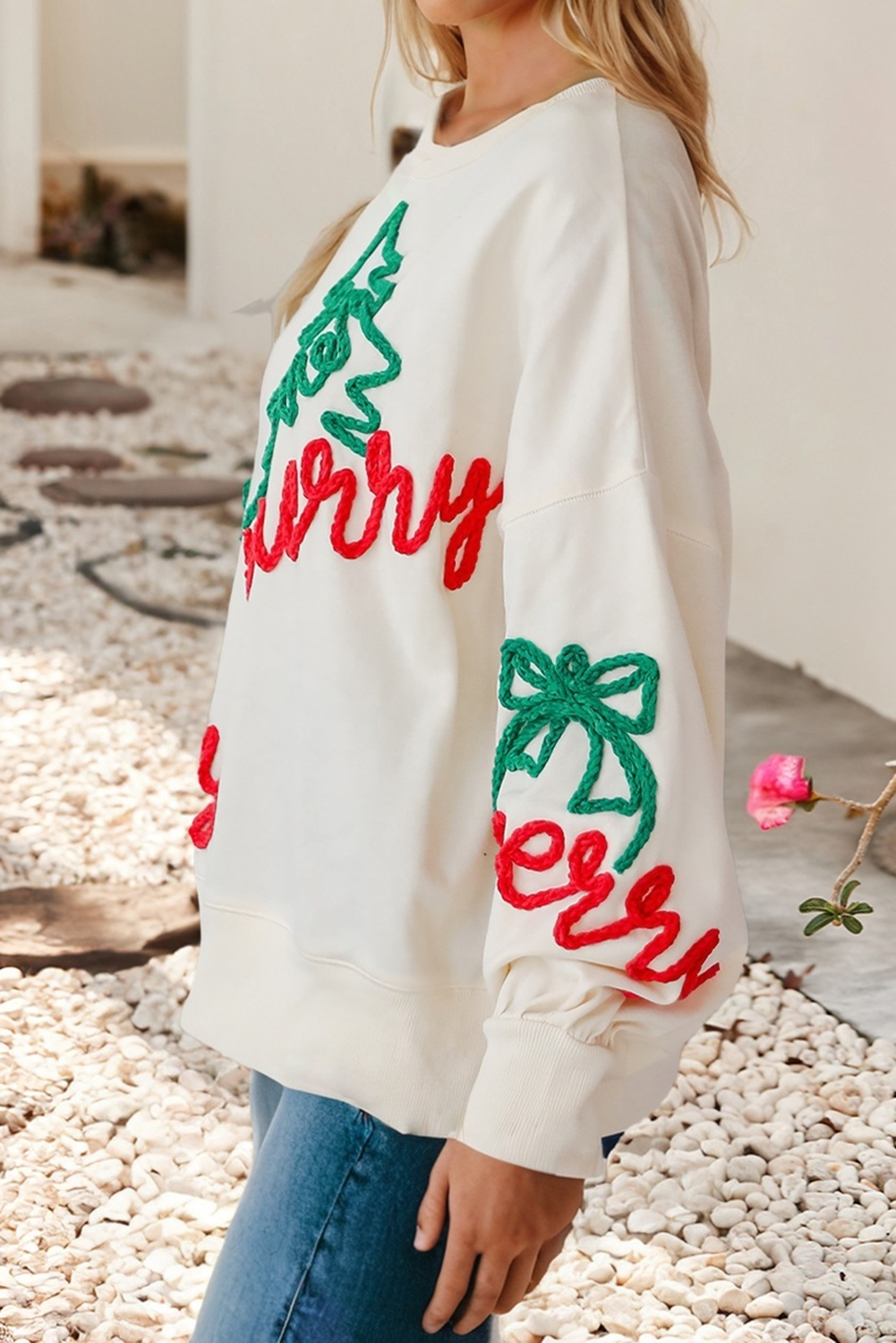 LDC Corded Christmas Pattern Oversize Sweatshirt: Beige / XL