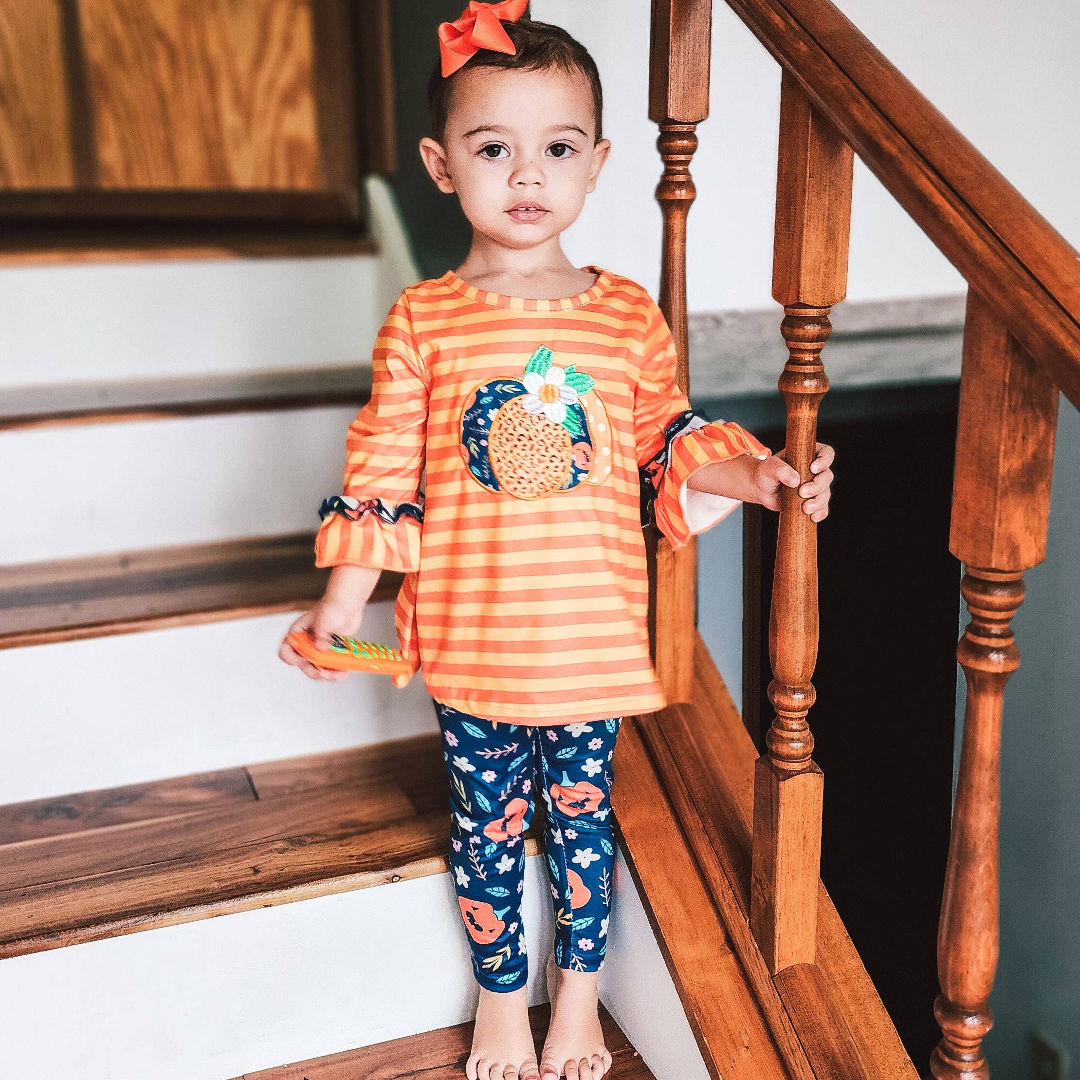 Girls Orange Fall Pumpkin 2pc Outfit Thanksgiving Clothes: 6/6X