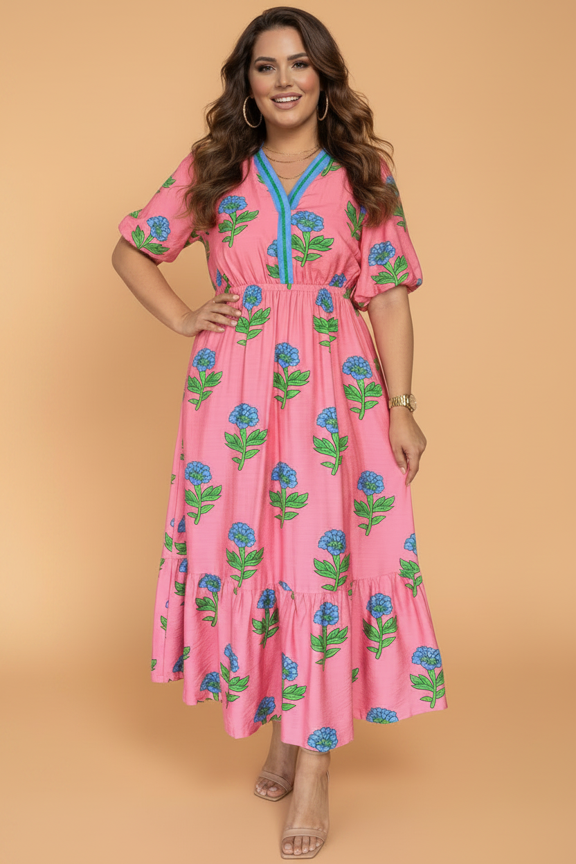 Plus Size Floral Stripe Ruffle Maxi Dress