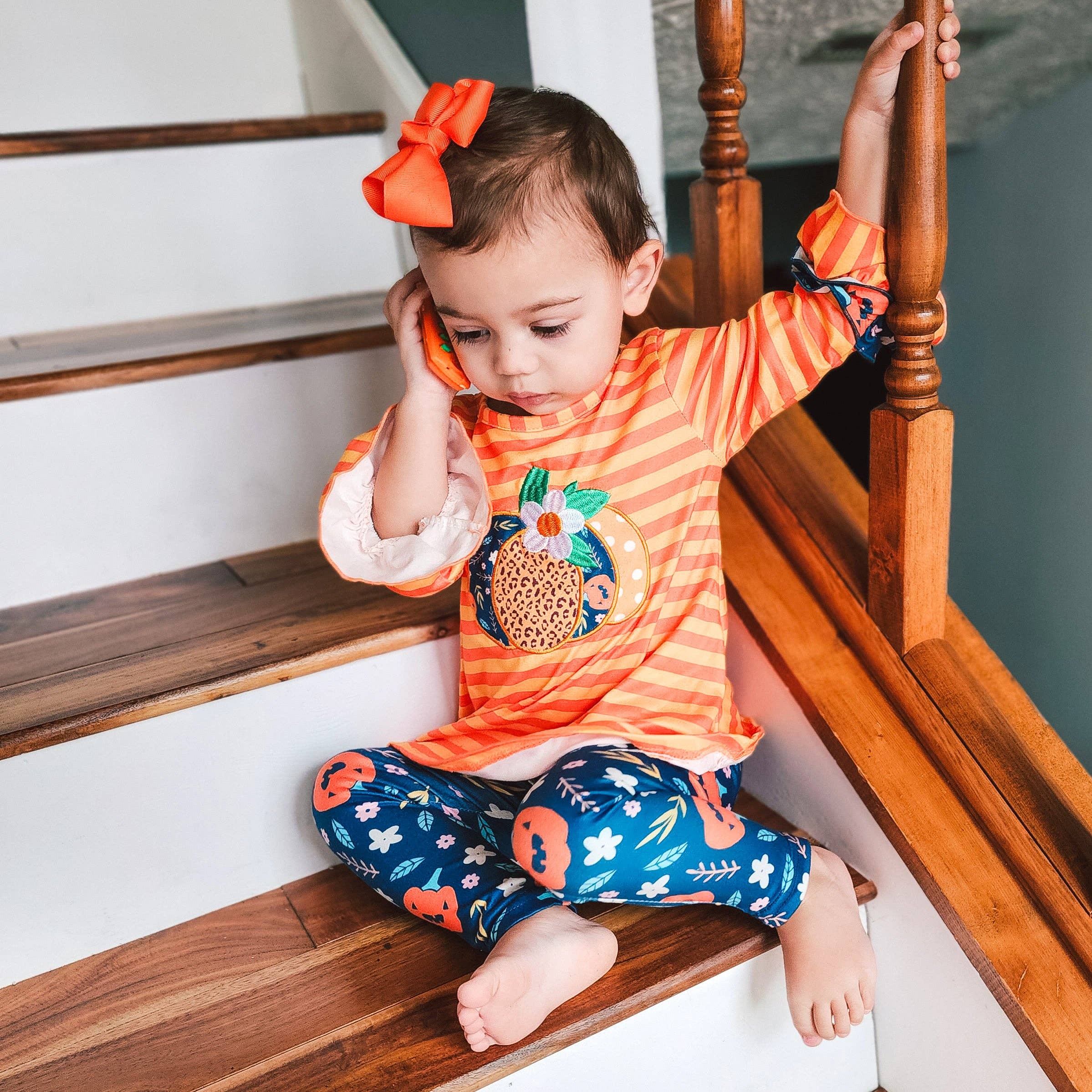 Girls Orange Fall Pumpkin 2pc Outfit Thanksgiving Clothes: 6/6X