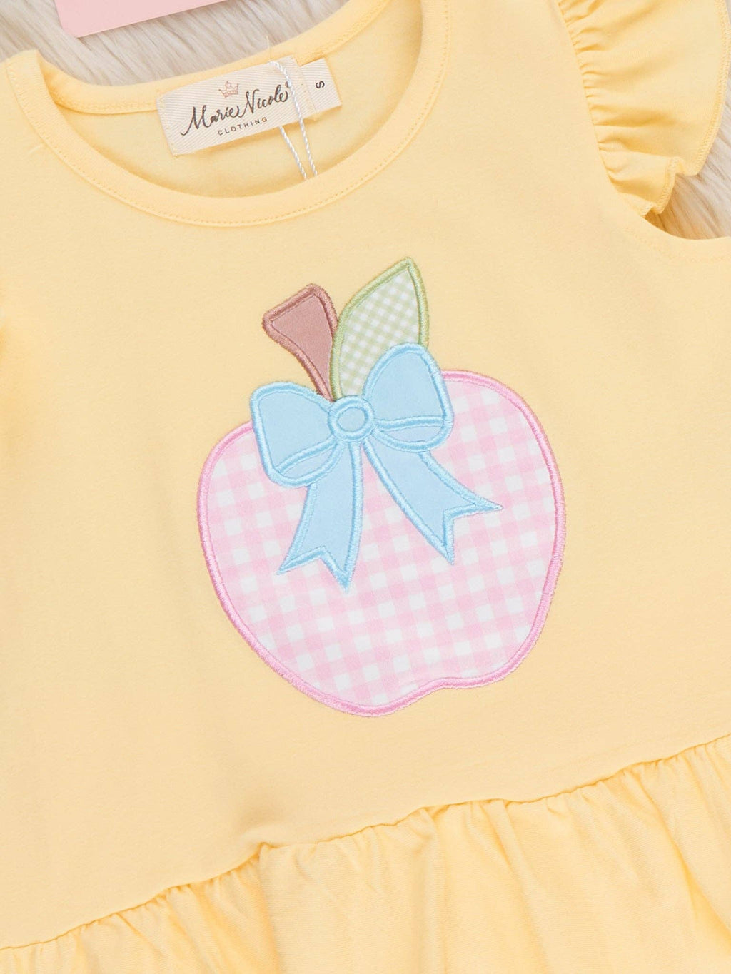 Apple Bow Gingham Embroidered Ruffle Outfit