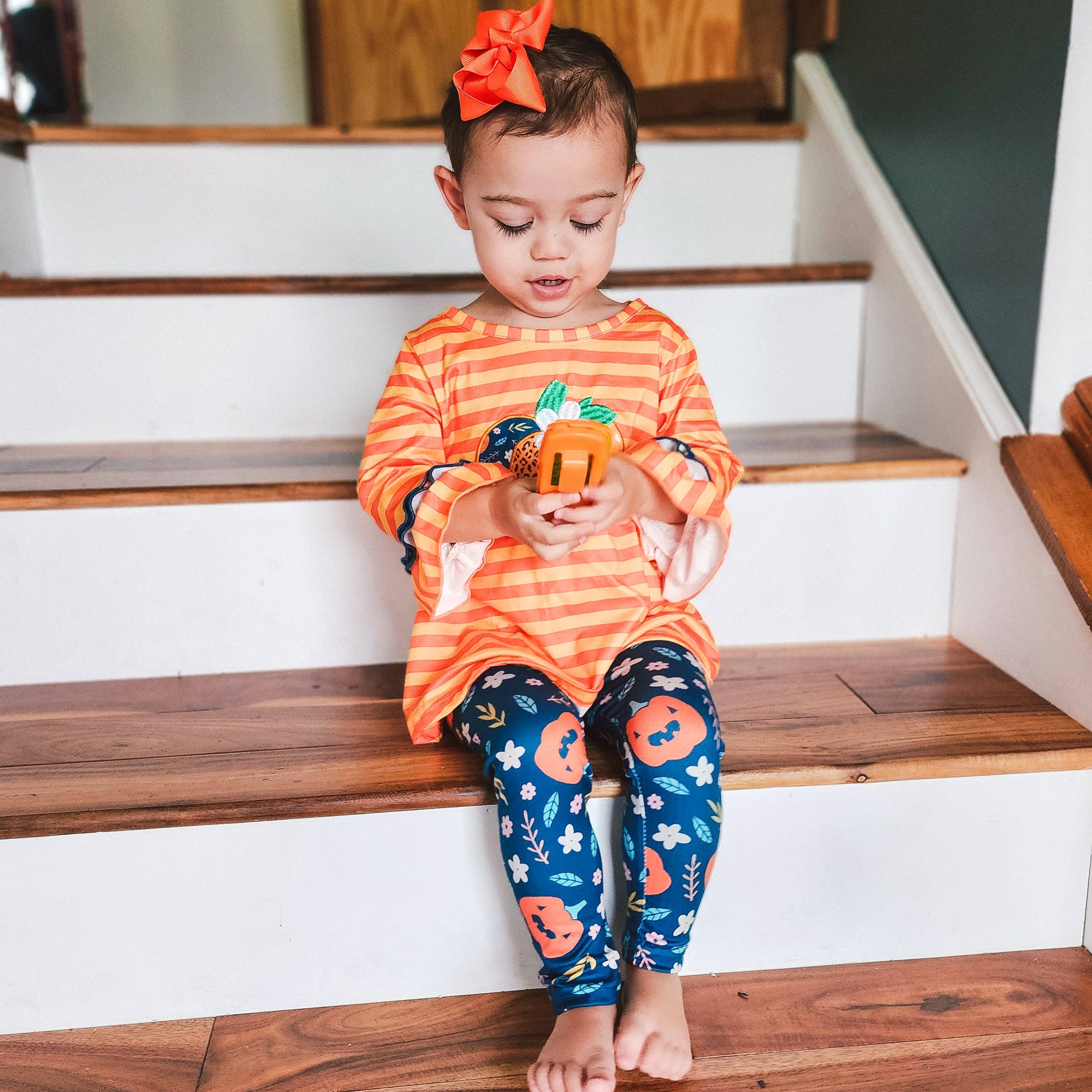 Girls Orange Fall Pumpkin 2pc Outfit Thanksgiving Clothes: 6/6X