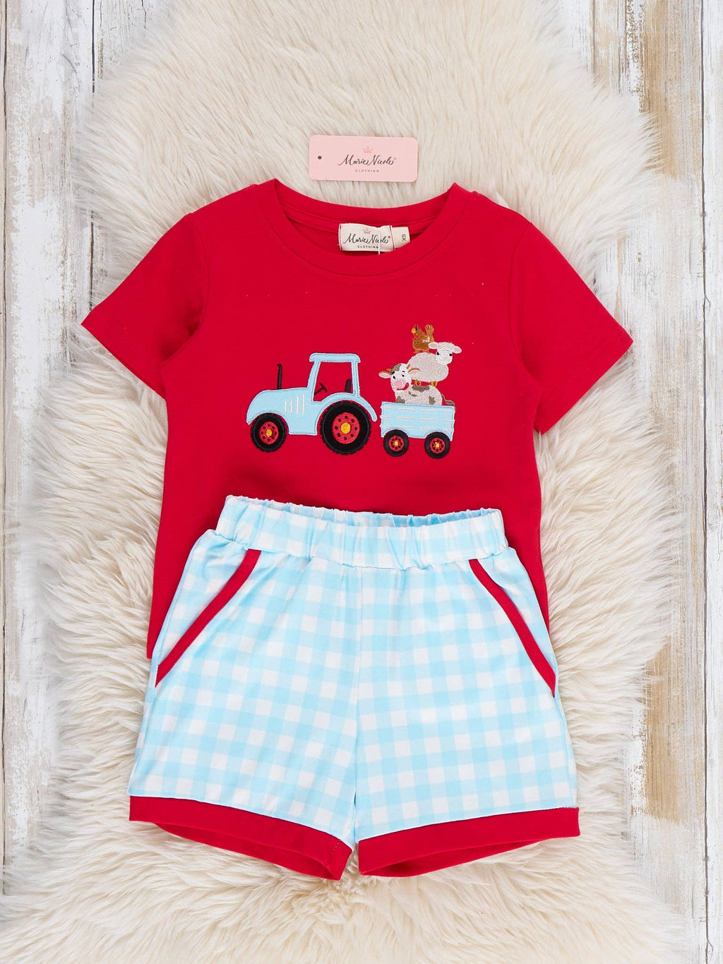 Little Tractor Helper Embroidered Plaid Outfit