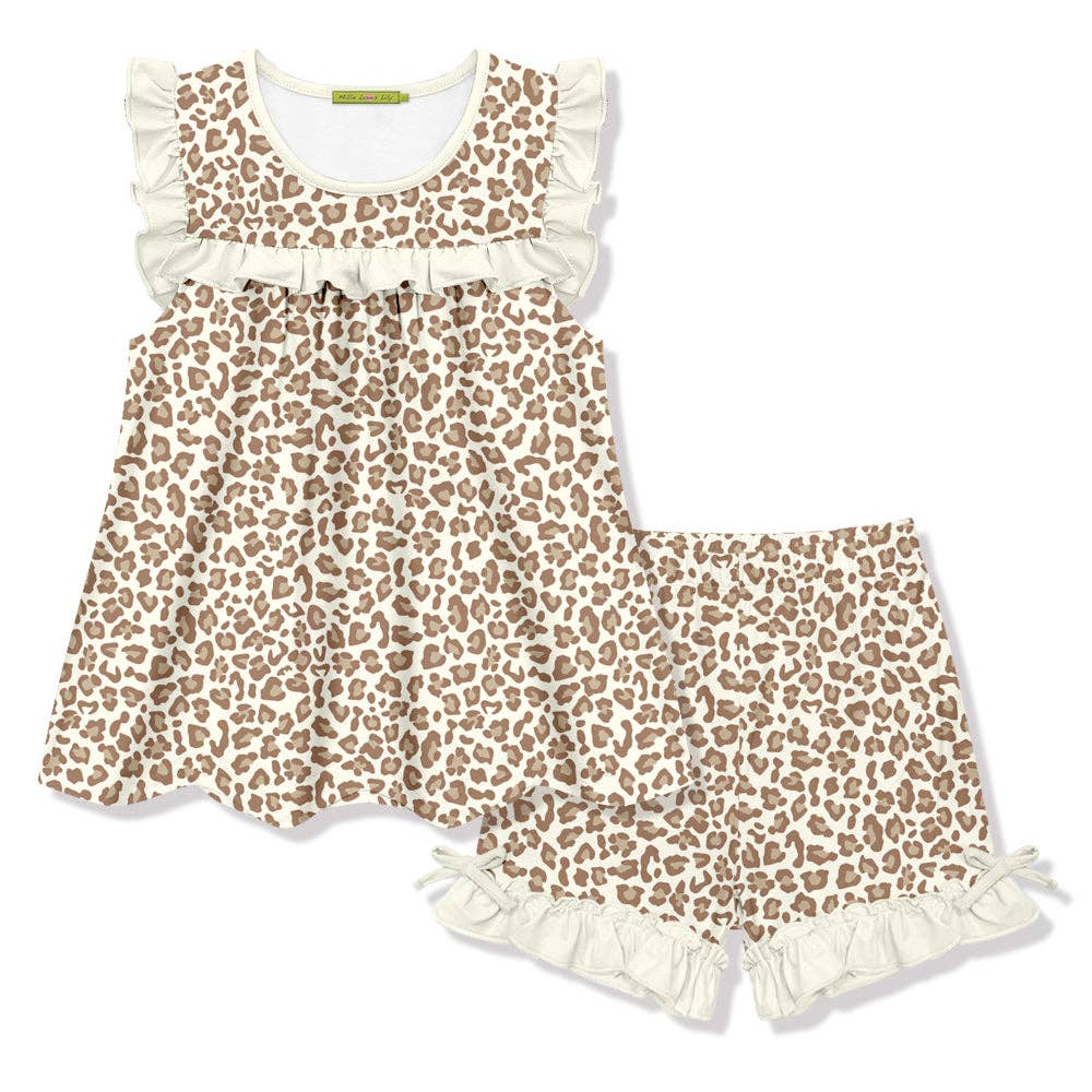 Kids Cream Skin Print Ruffle Sleeveless Top & Bow Shorts