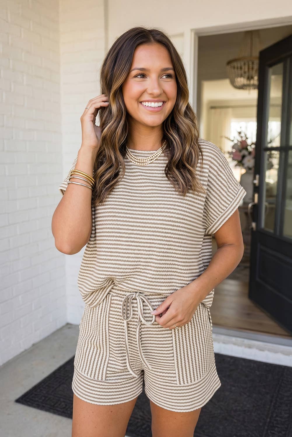 Stripe Breathable Textured Knit Shorts Set