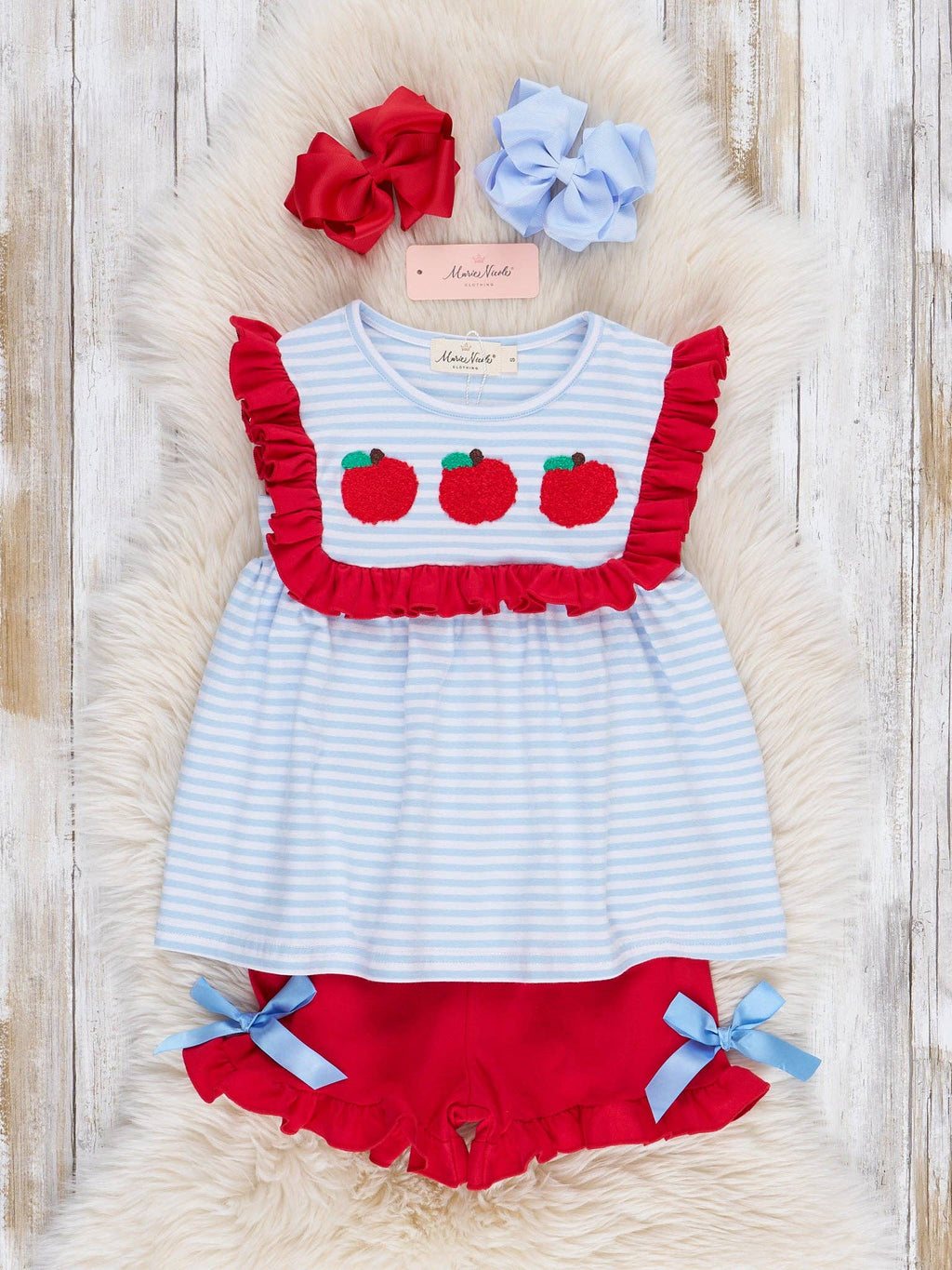 Red Apples & Blue Stripes Ruffle Outfit