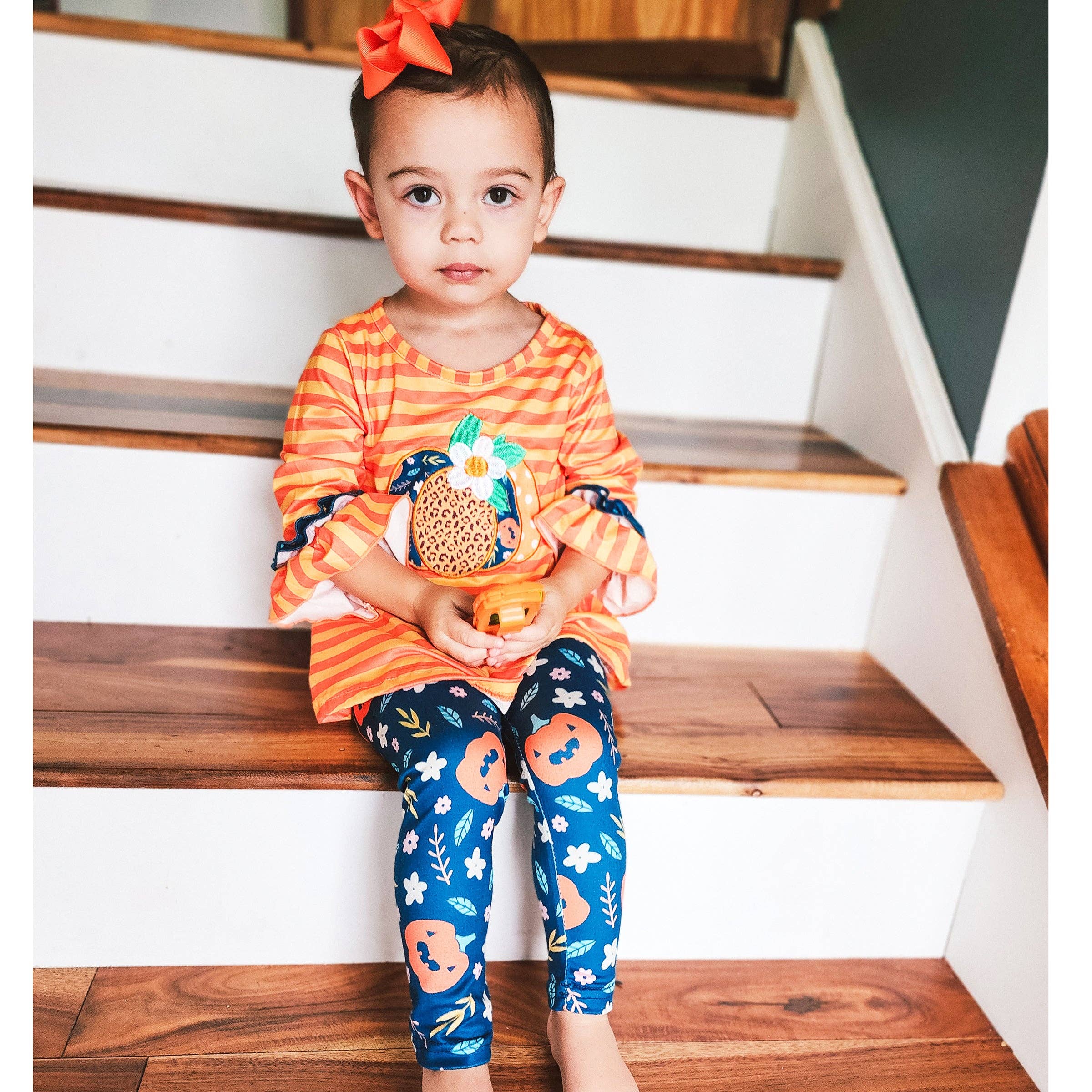 Girls Orange Fall Pumpkin 2pc Outfit Thanksgiving Clothes: 4T