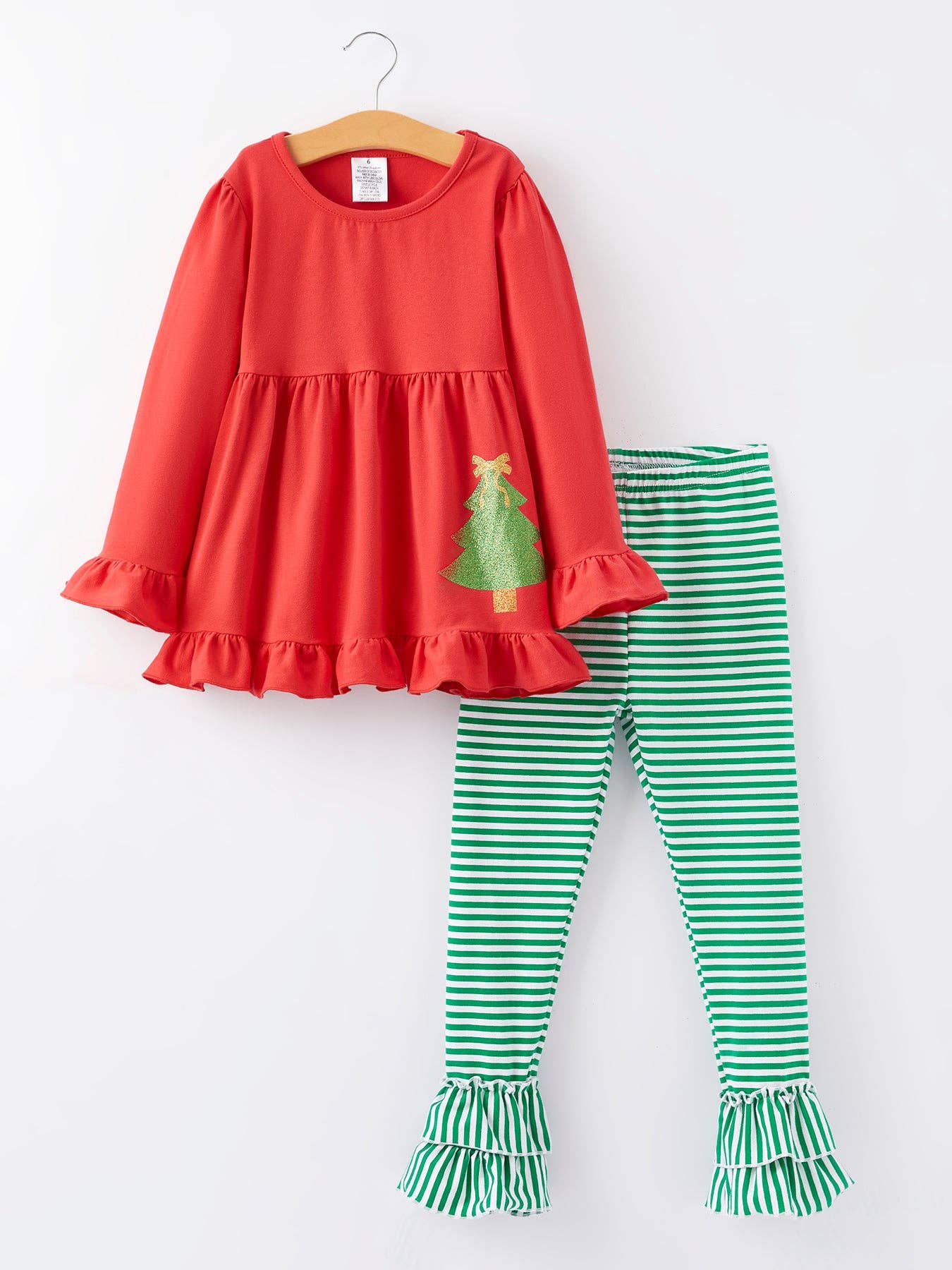 Christmas Tree Print Striped Girls Outfit Set: 3