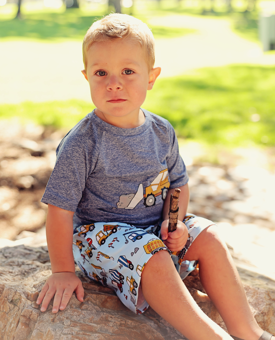 Boys Navy Heather Digger Crewneck Tee & Truck Pocket Shorts