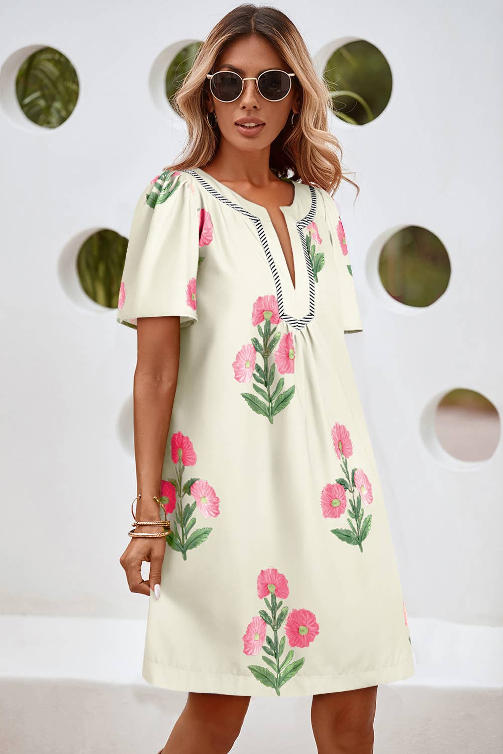 Floral Short Sleeve Split Neck Mini Dress