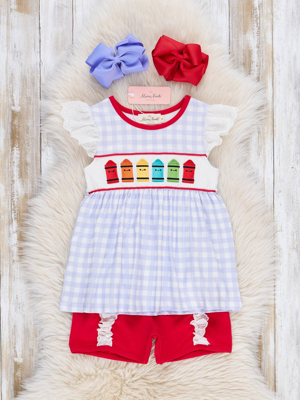 Bright Crayons Embroidered Gingham Ruffle Outfit