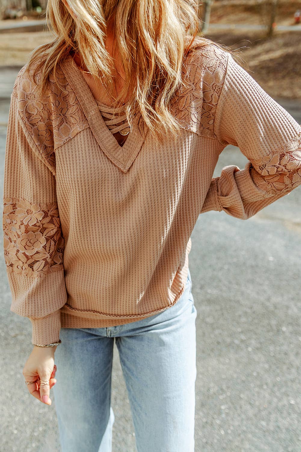 LDC Lace Waffle Patchwork Strappy V Neck Long Sleeve Top